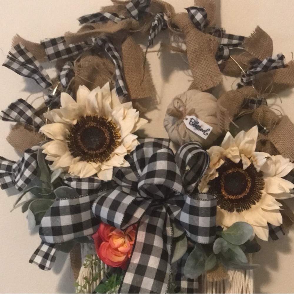 Rustic Farmhouse Primitive Sunflower Wreath Buffalo Check Check Final Sale